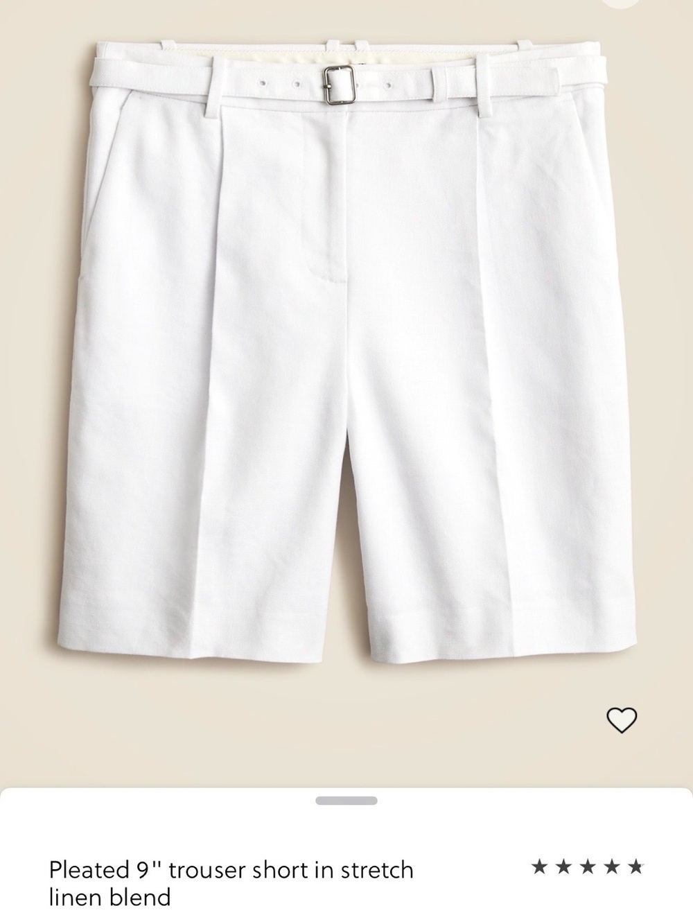 NWT J. Crew White Pleated 9" Trouser Shorts with Belt